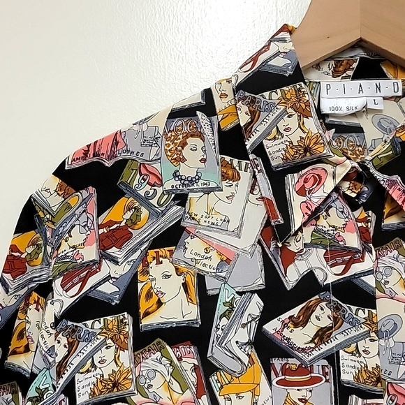 📍RARE | Vintage P.I.A.N.O Vogue Magazine Cover Print Silk Blouse - Picture 7 of 16